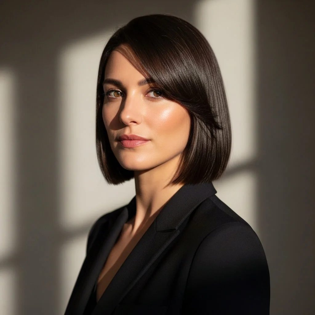 1. Sleek Chin-Length Bob with Side-Swept Bangs