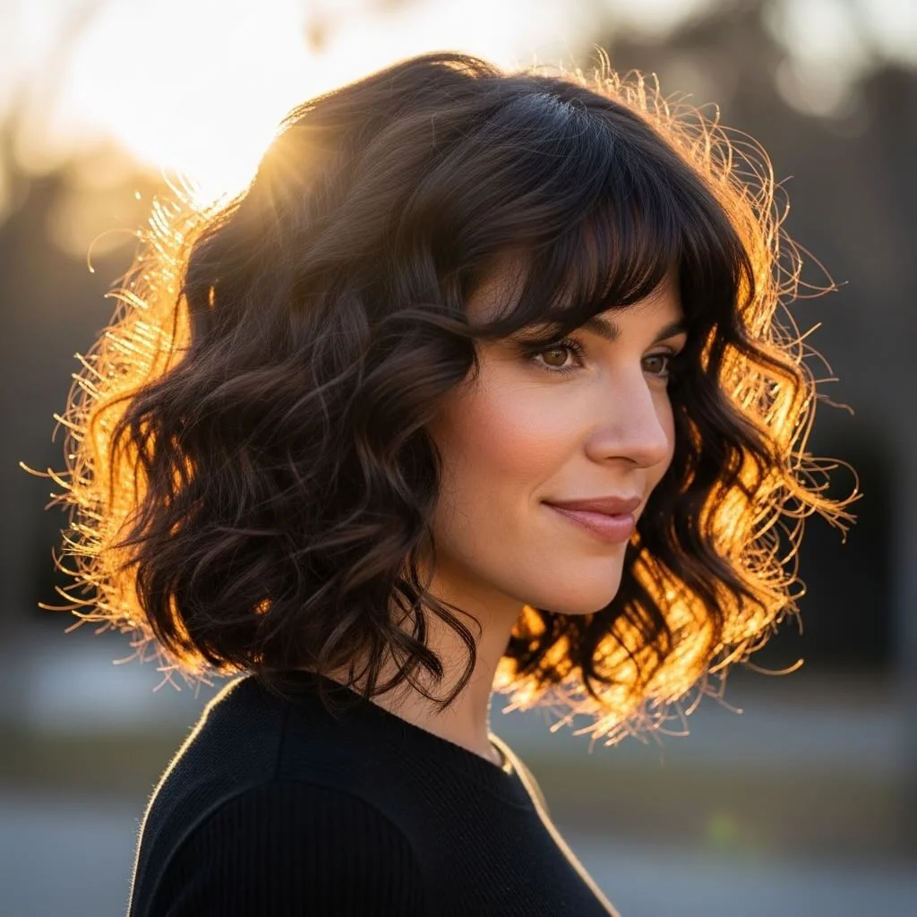 10. Curly Layered Bob with Bangs