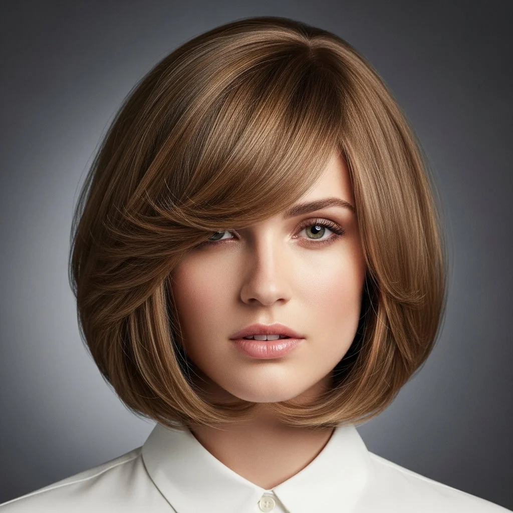 10. Soft Layered Bob with Side-Part Curtain Bangs