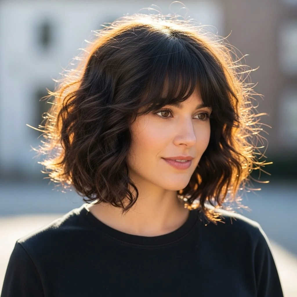 11. Curly Angled Bob with Curtain Bangs