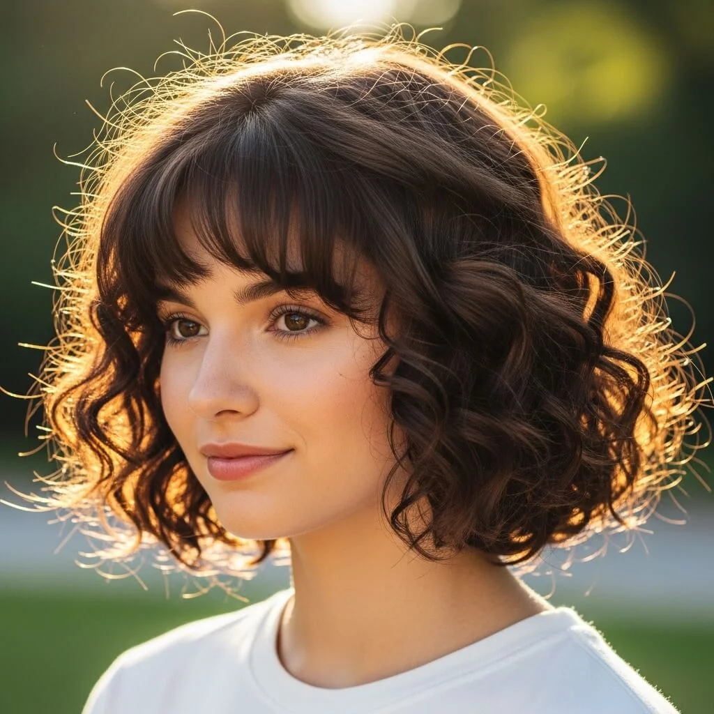 11. Curly Angled Bob with Side-Swept Bangs