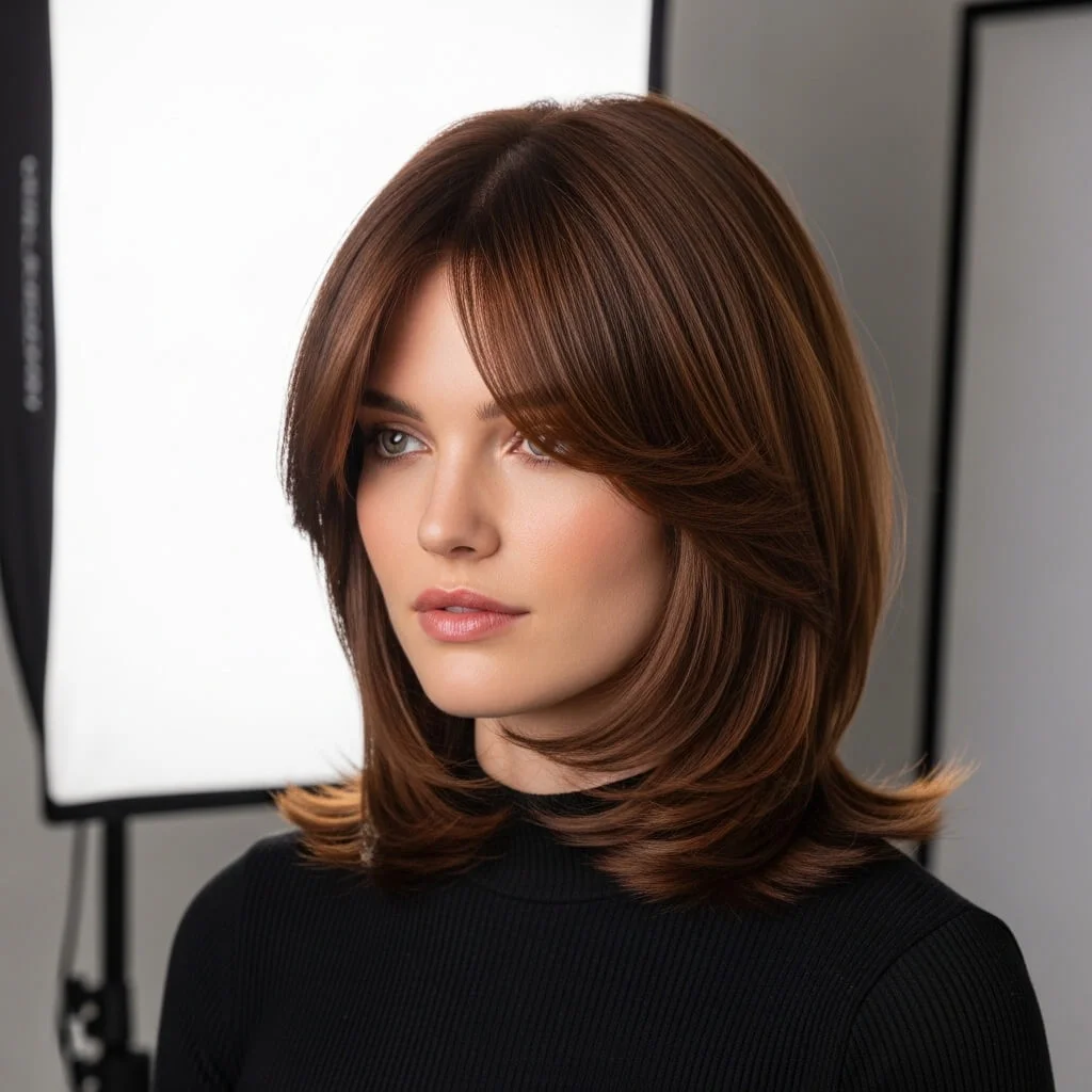 12. Layered Bob with Side-Swept Curtain Bangs