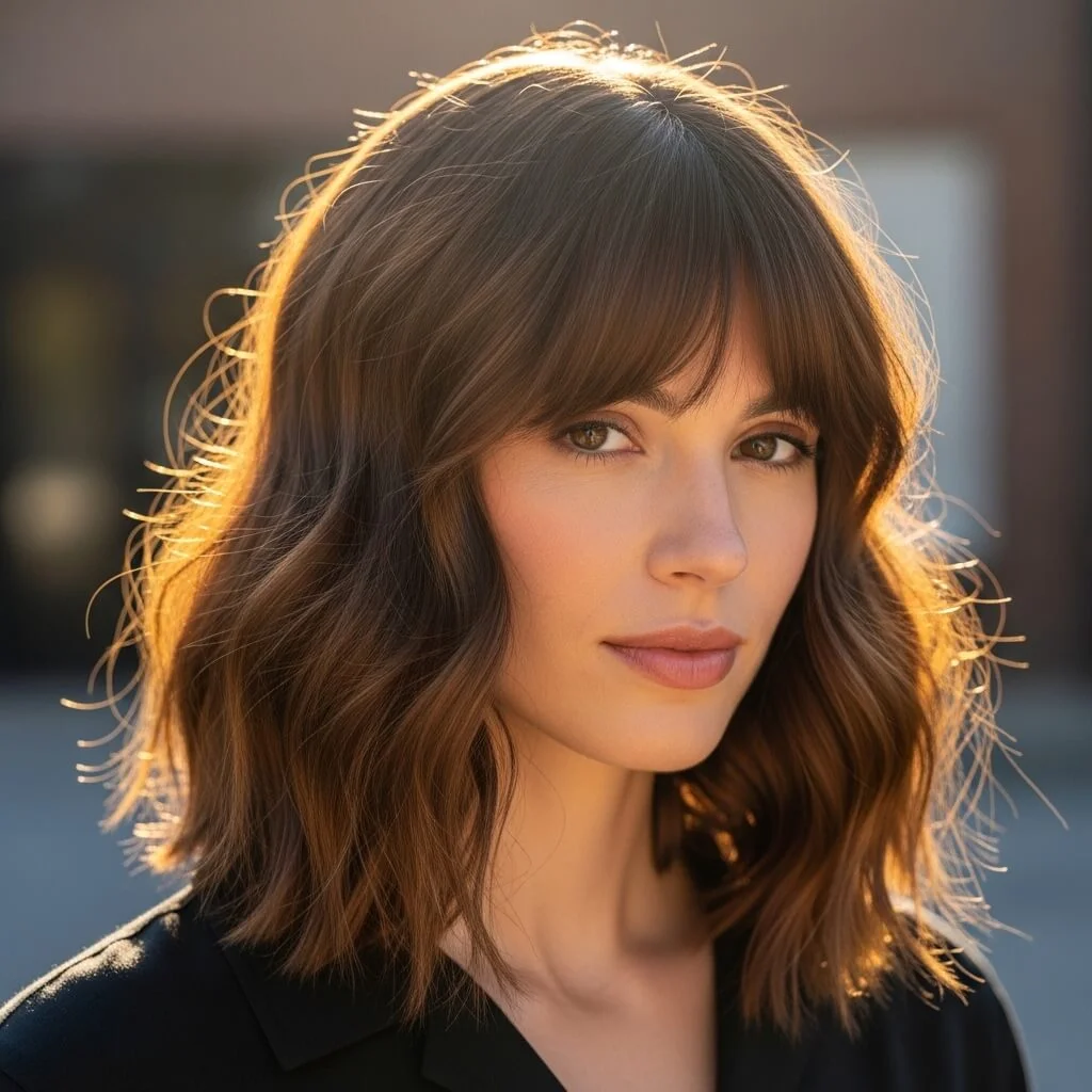 12. Layered Wavy Bob with Curtain Bangs