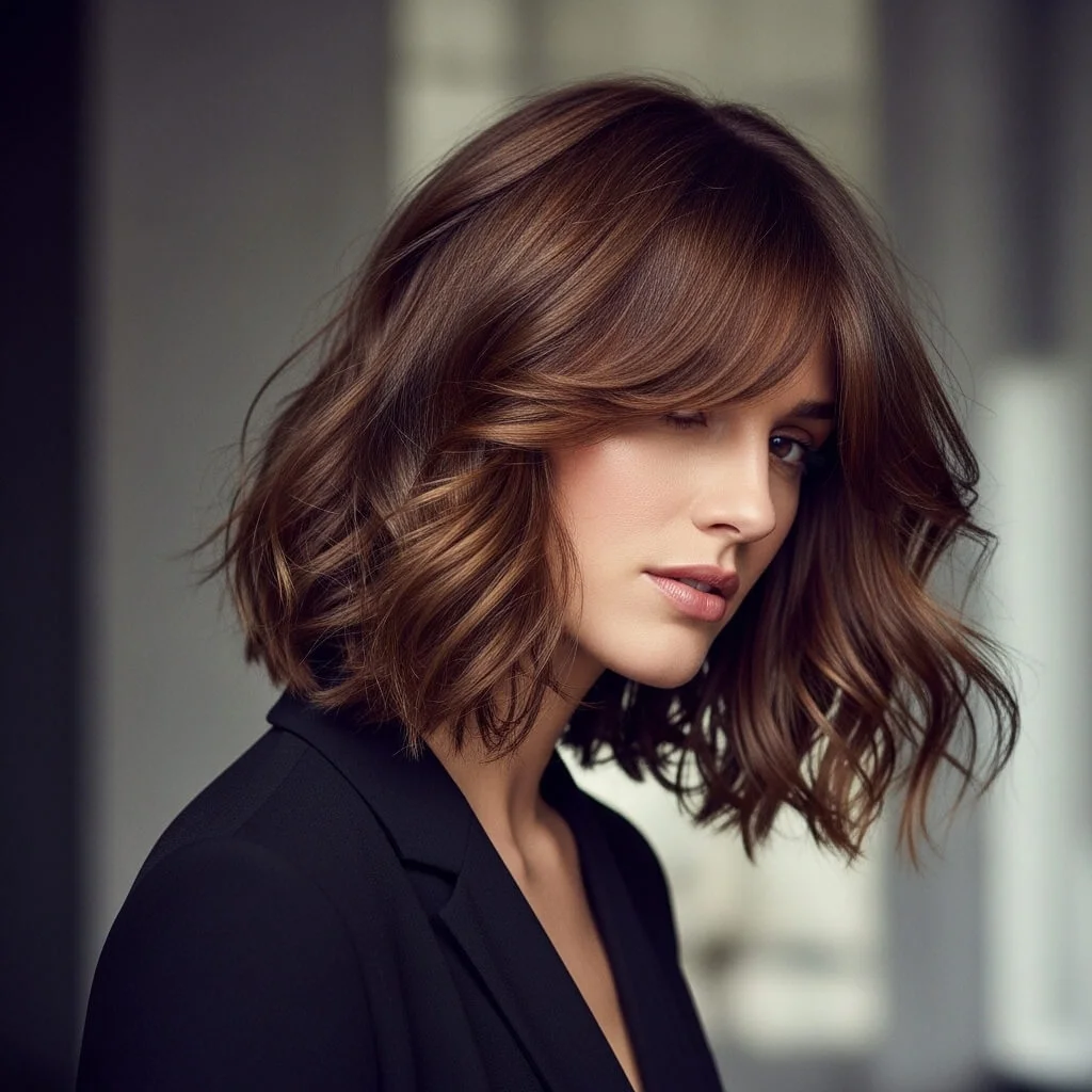 12. Layered Wavy Bob with Side-Swept Bangs
