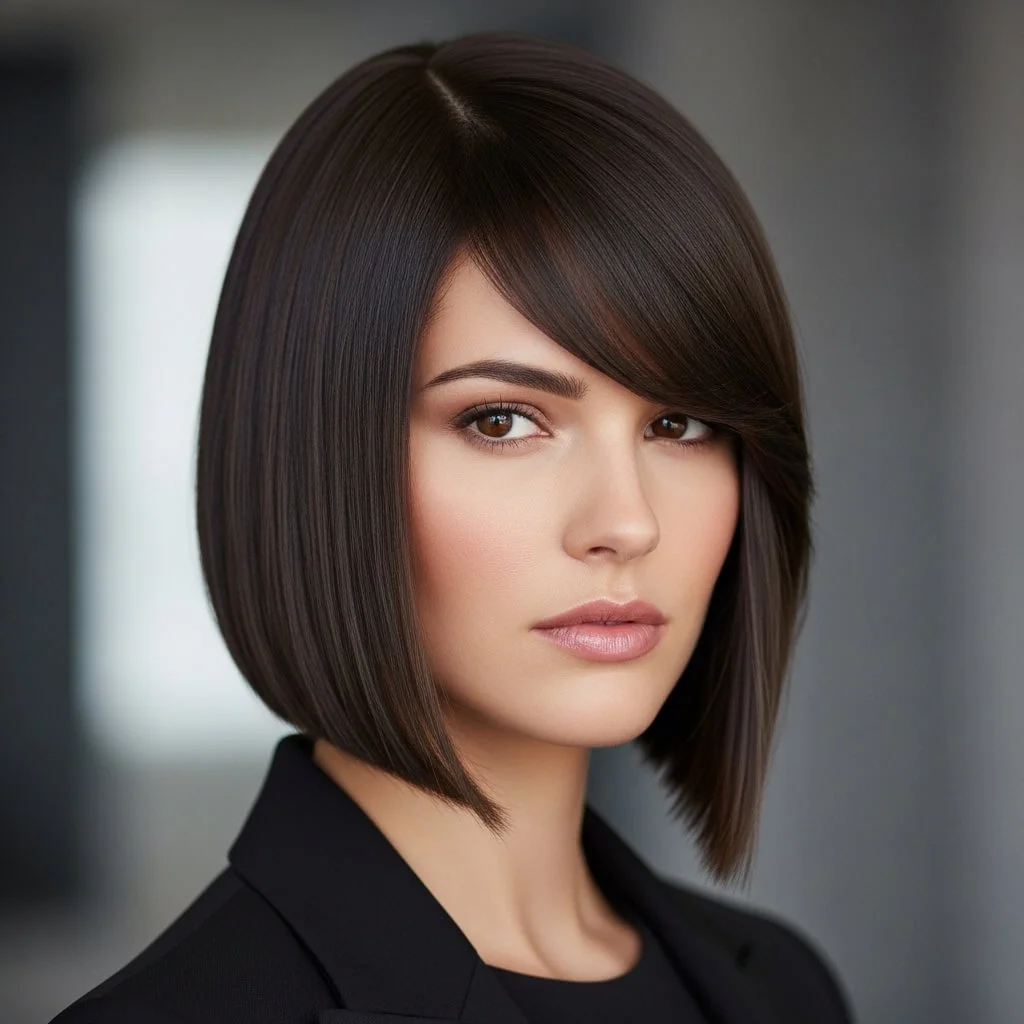 13. Sleek Angled Bob with Side-Swept Bangs
