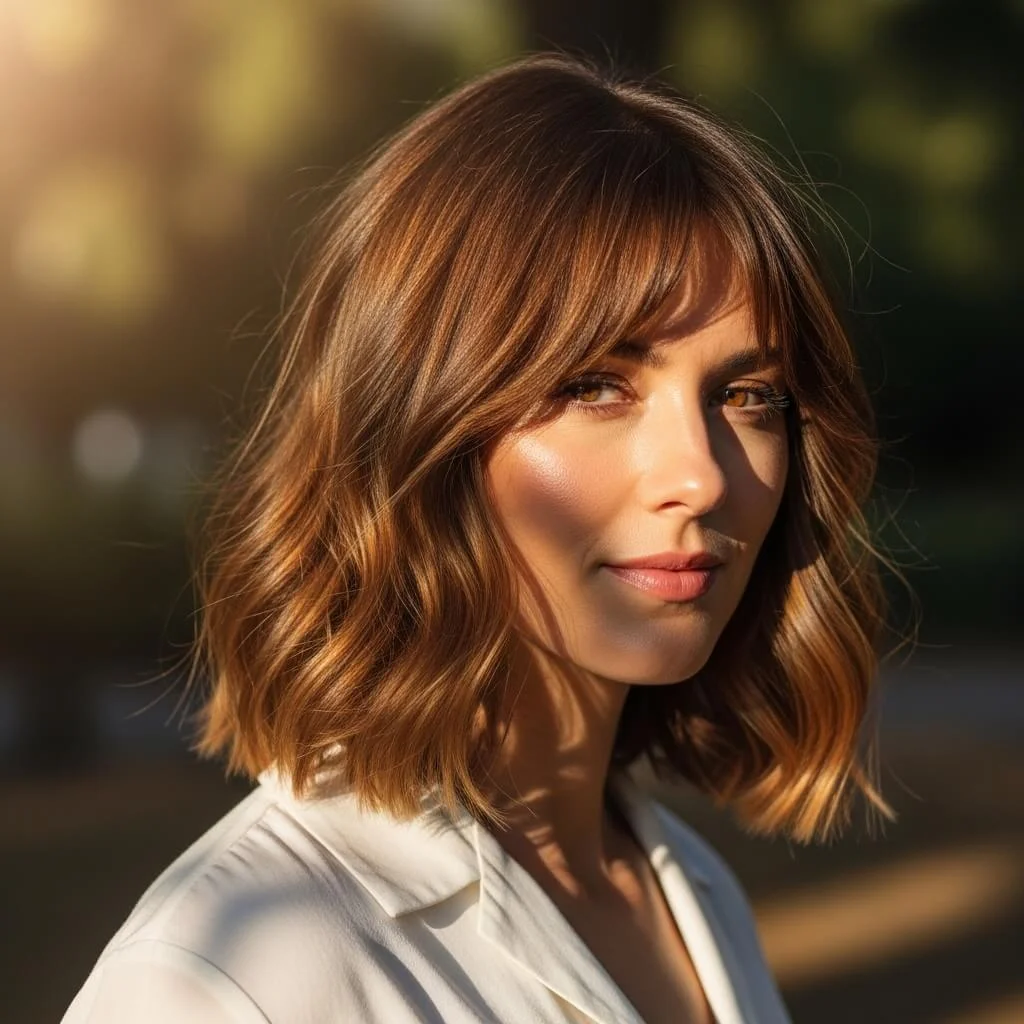 13. Wavy Bob with Curtain Bangs and Subtle Highlights