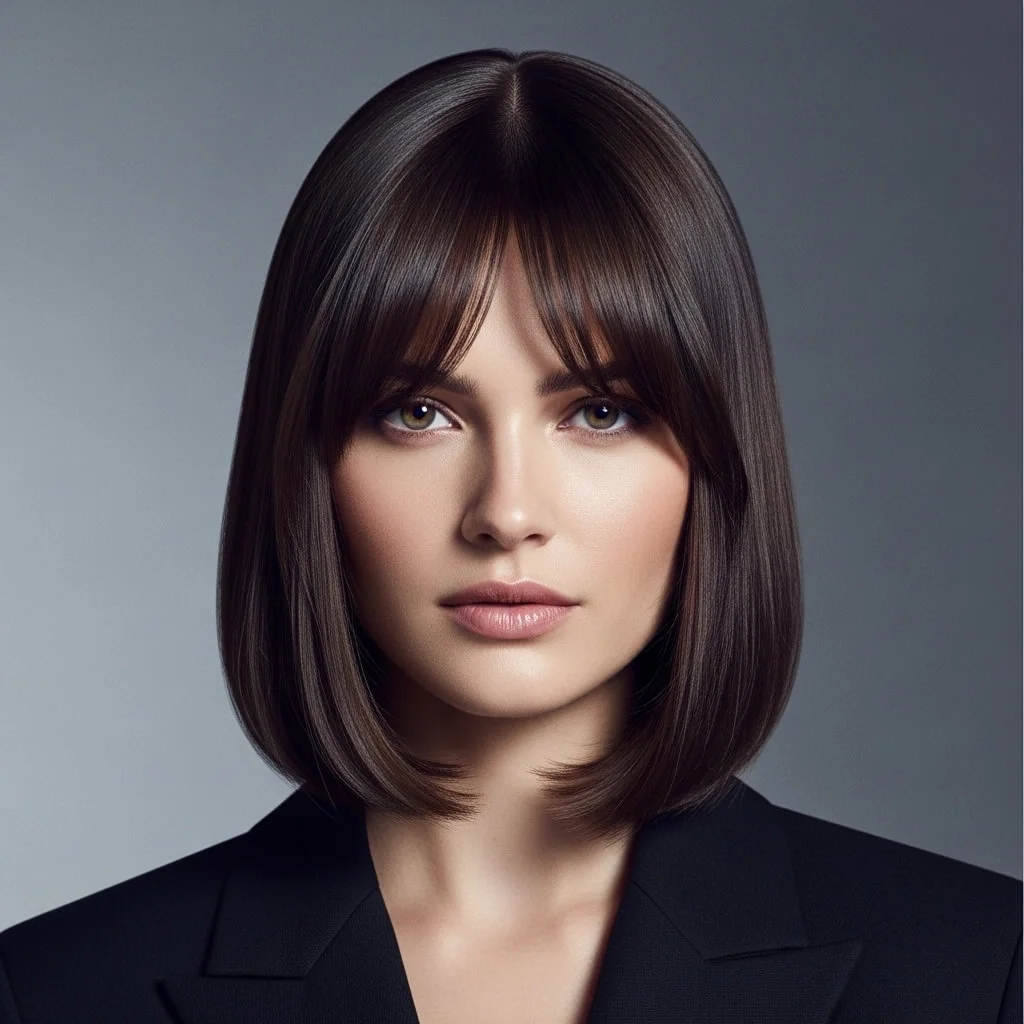 14. Sleek Shoulder-Length Bob with Curtain Bangs