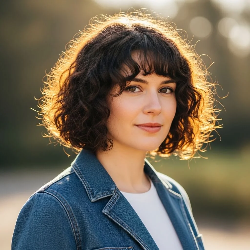 15. Curly Chin-Length Bob with Side-Swept Bangs