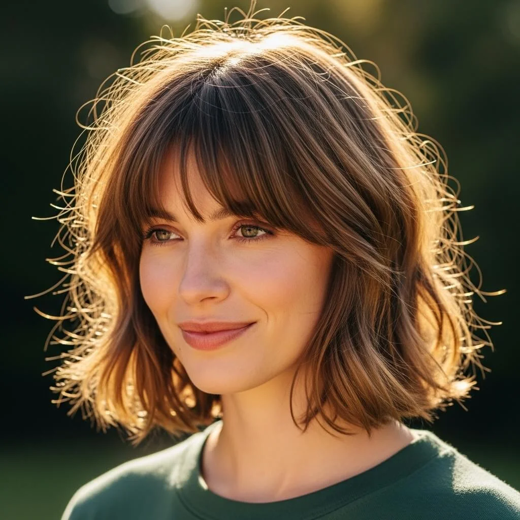 15. Tousled Layered Bob with Center Curtain Bangs