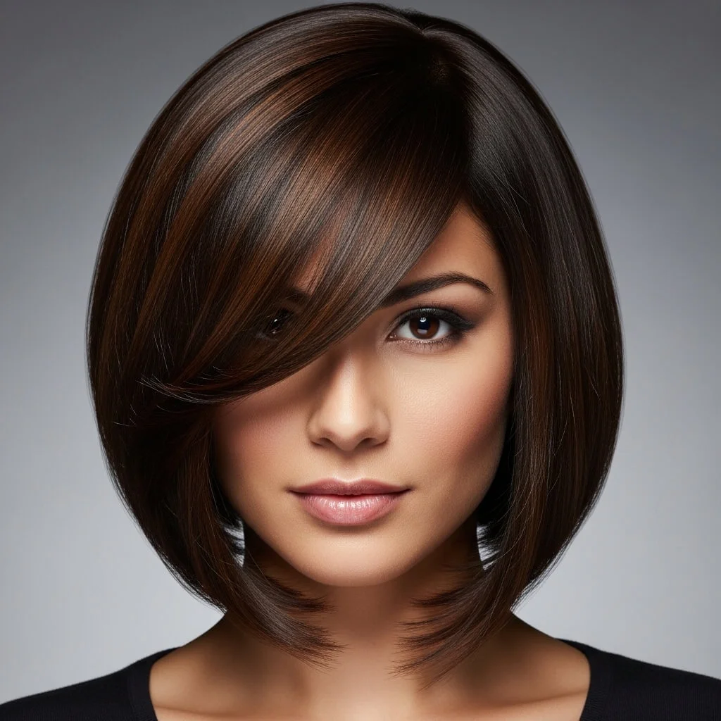 16. Angled Shoulder-Length Bob with Side-Swept Bangs