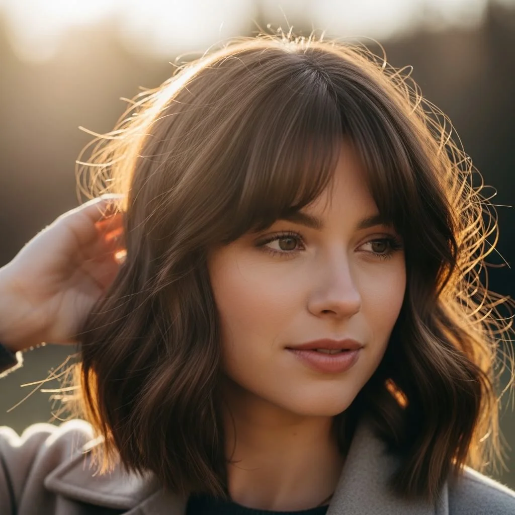 16. Angled Wavy Bob with Curtain Bangs