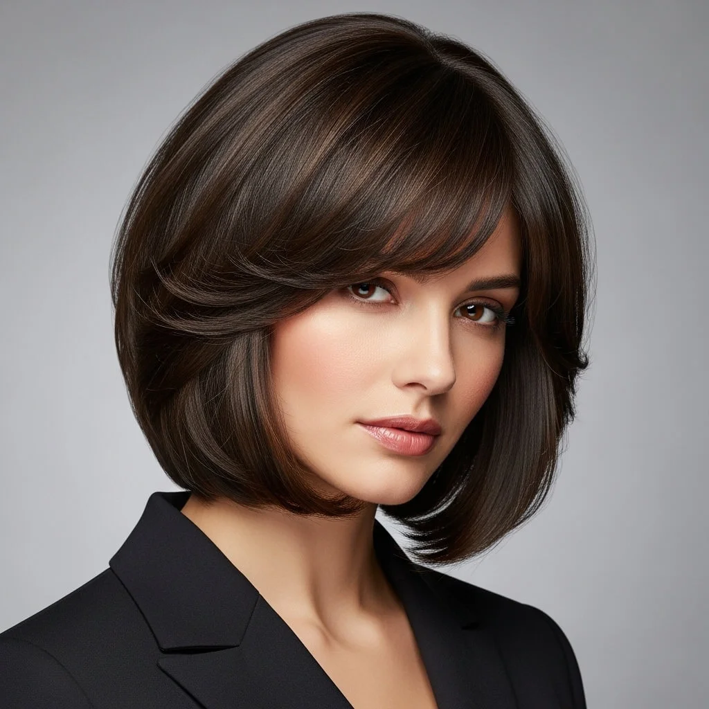 16. Layered Chin-Length Bob with Wispy Bangs