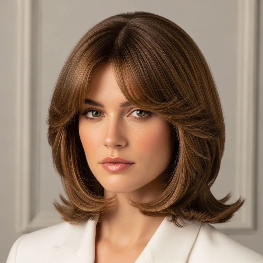 17. Layered Shoulder-Length Bob with Curtain Bangs