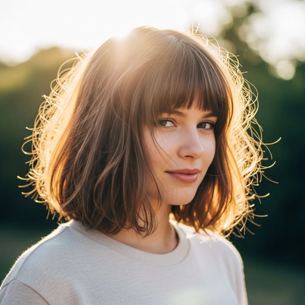 17. Tousled Layered Bob with Straight Bangs