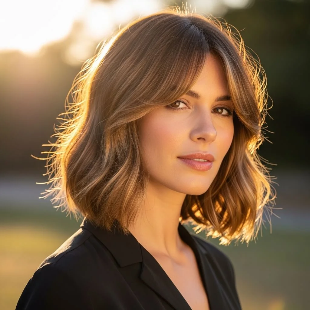 17. Wavy Layered Bob with Side-Swept Bangs