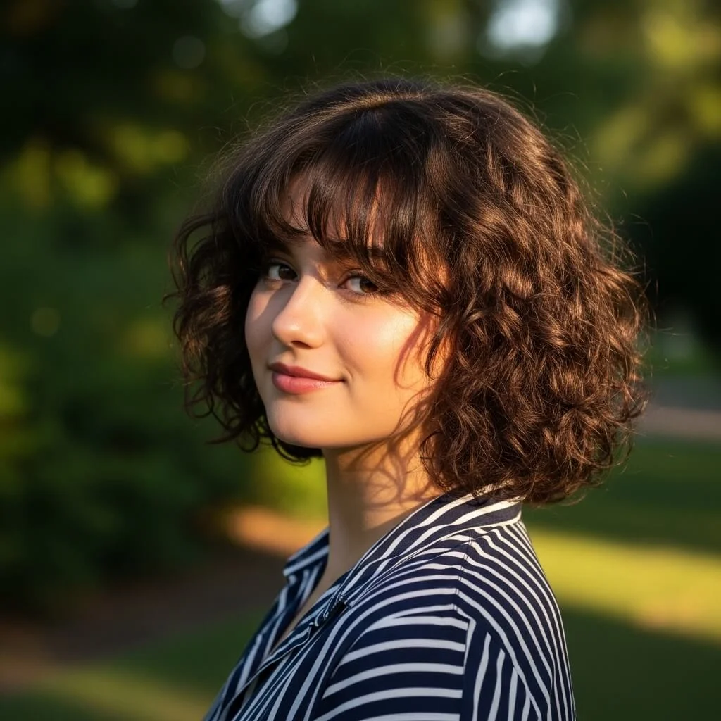 18. Curly Bob with Side Curtain Bangs