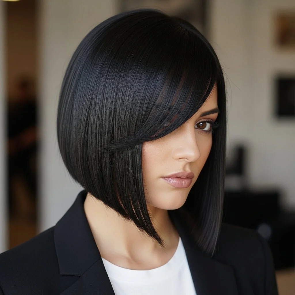 18. Sleek Angled Bob with Side Bangs