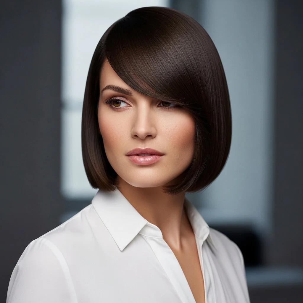 18. Sleek Chin-Length Bob with Side-Swept Bangs