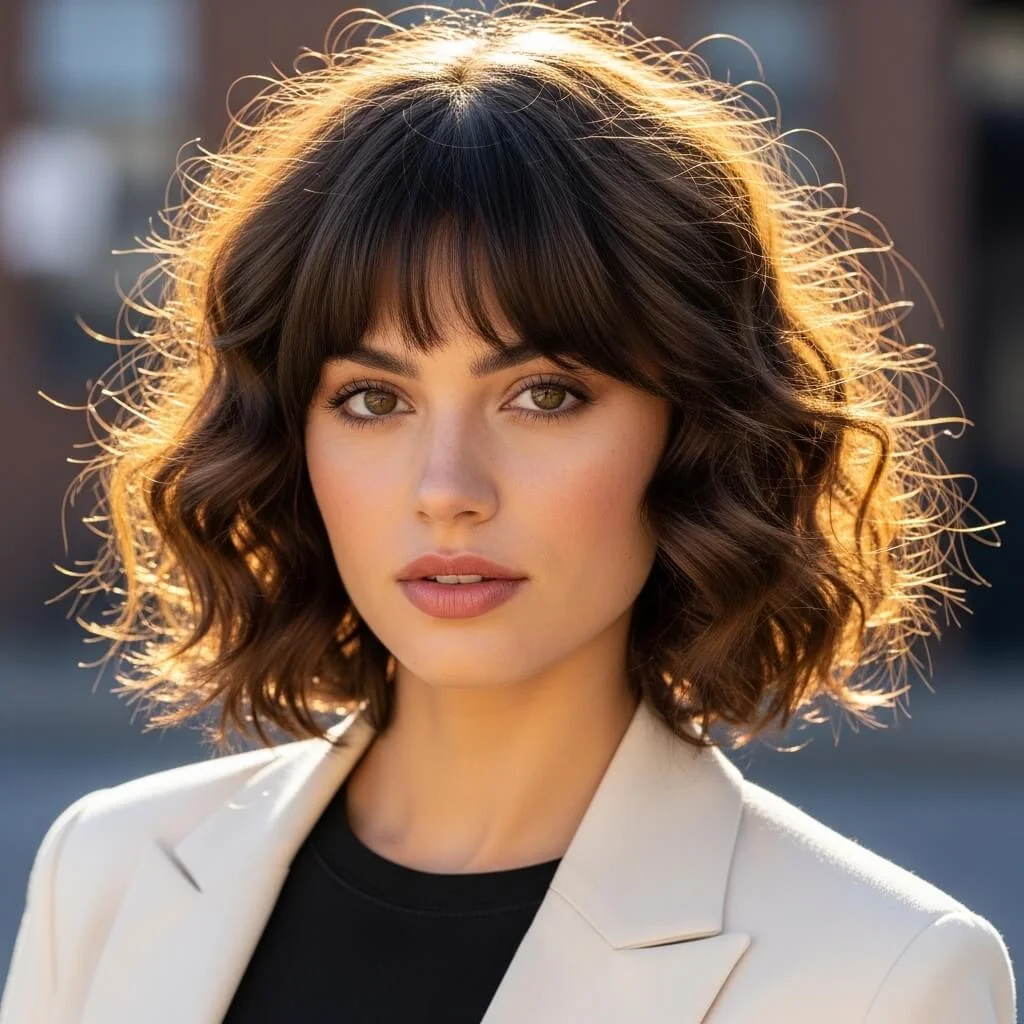 19. Curly Bob with Curtain Bangs