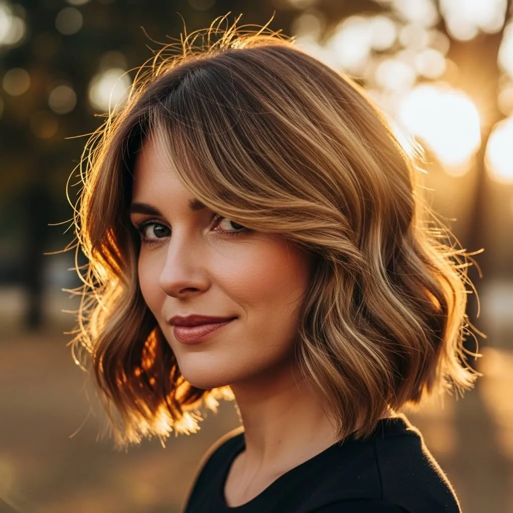 2. Wavy Bob with Side-Swept Bangs