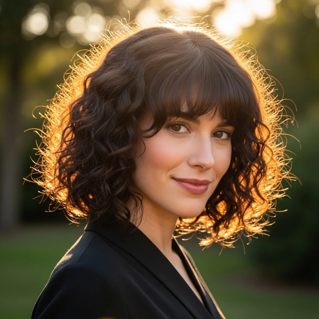 20. Curly Shoulder-Length Bob with Side-Swept Bangs