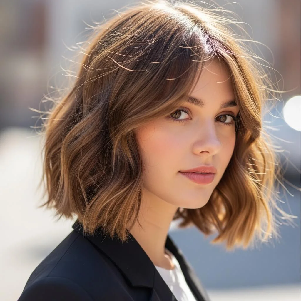 20. Wavy Bob with Soft Side Bangs