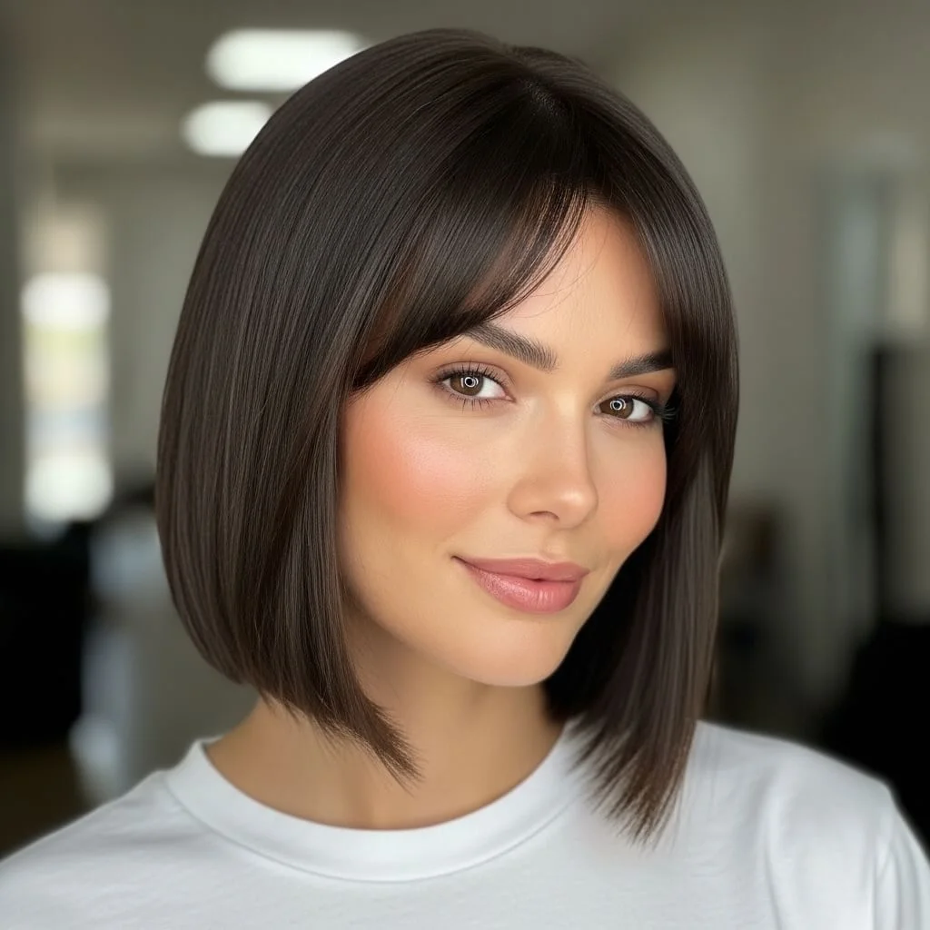 21. Angled Chin-Length Bob with Curtain Bangs