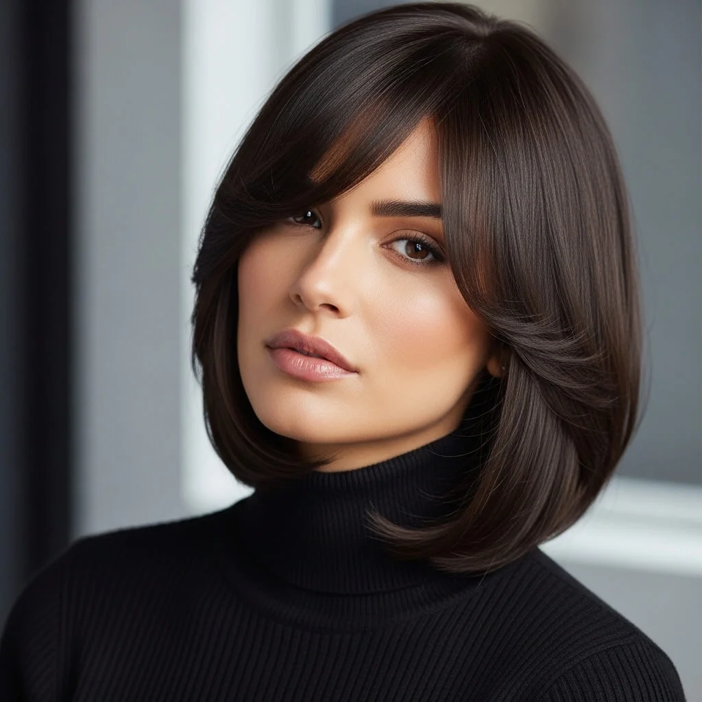 21. Sleek Layered Bob with Side-Swept Bangs