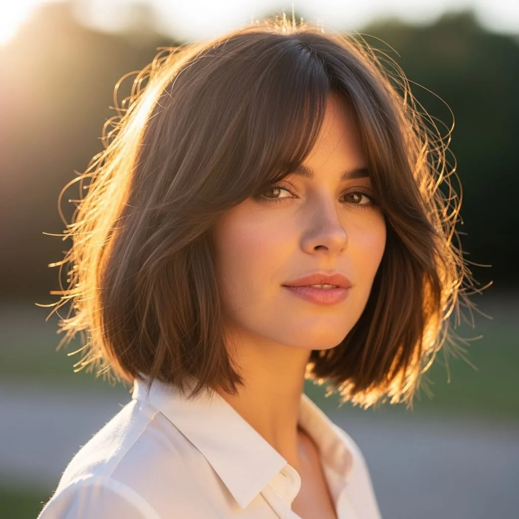 22. Tousled Chin-Length Bob with Side-Swept Bangs