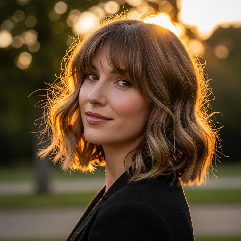 22. Wavy Shoulder-Length Bob with Curtain Bangs