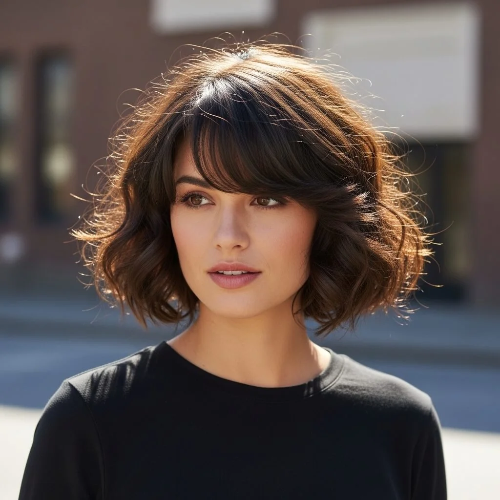 23. Curly Angled Shoulder-Length Bob with Side-Swept Bangs