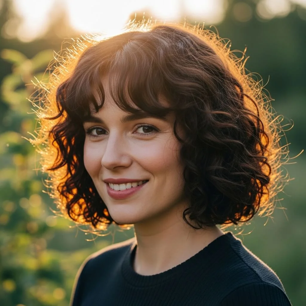 23. Curly Layered Bob with Curtain Bangs