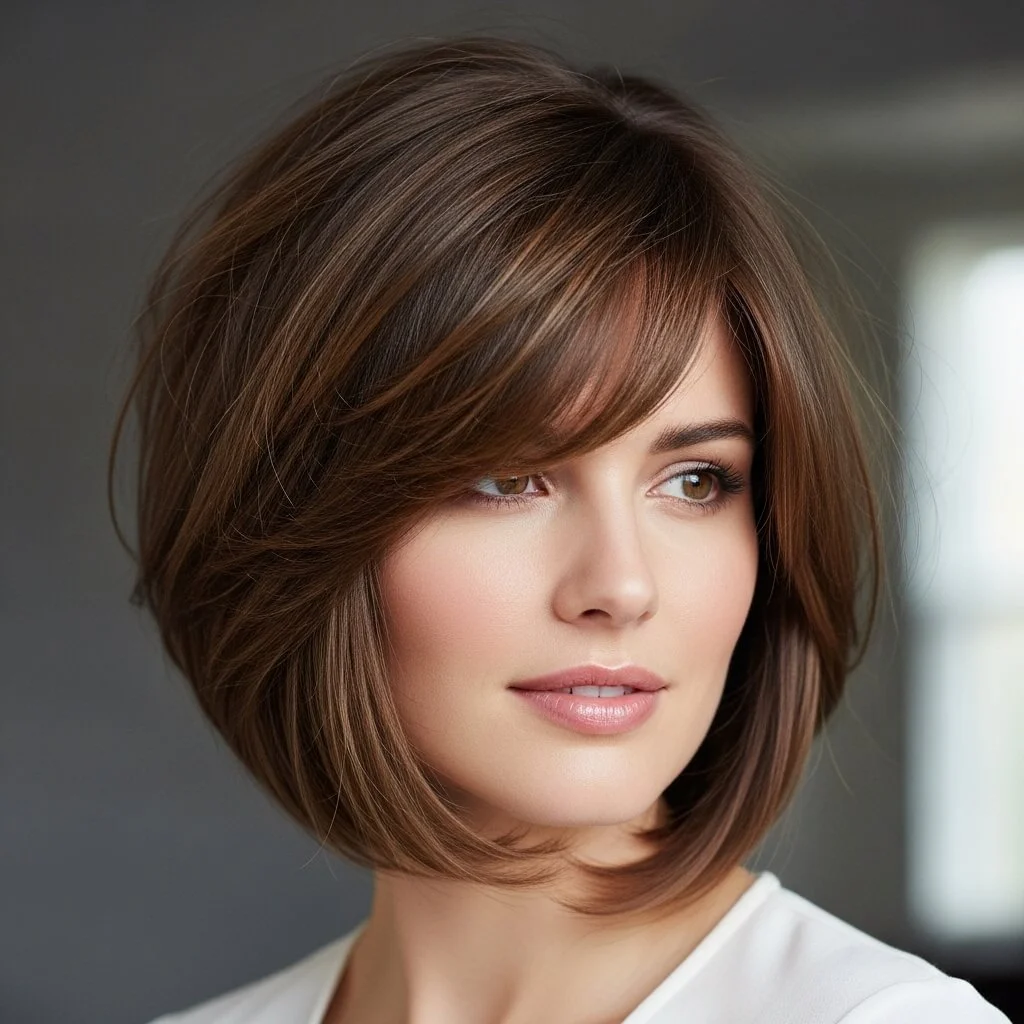 24. Tousled Angled Bob with Side Curtain Bangs
