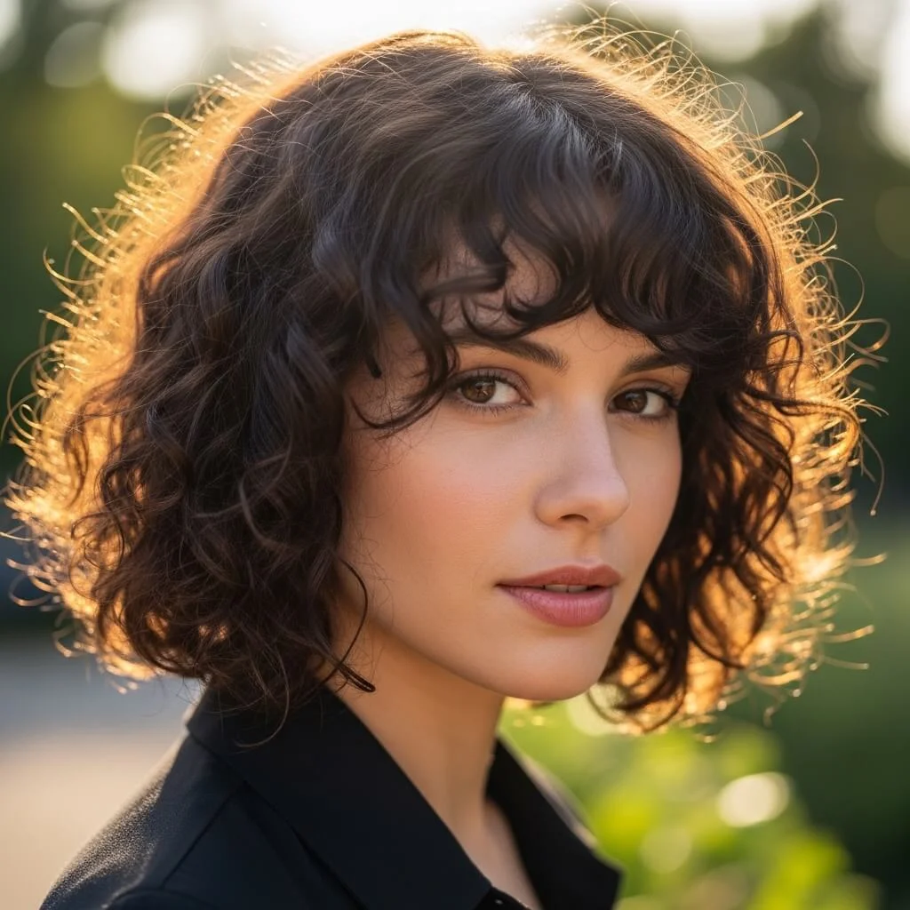 25. Curly Bob with Wispy Side Bangs