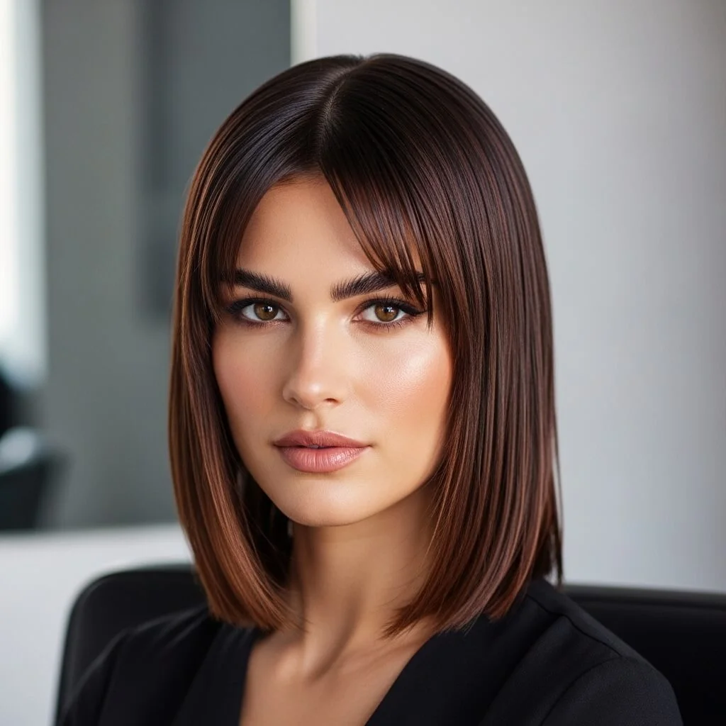 25. Sleek Layered Shoulder-Length Bob with Curtain Bangs