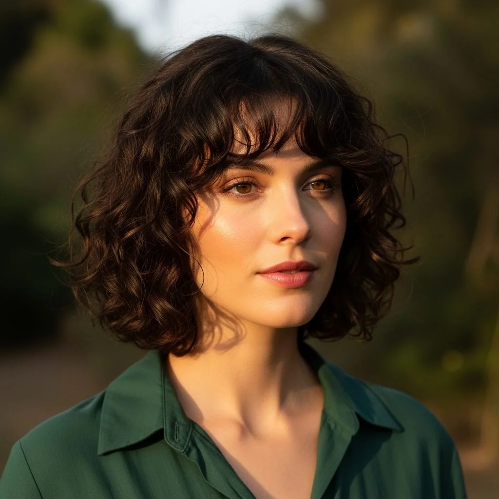 26. Curly Shoulder-Length Bob with Curtain Bangs