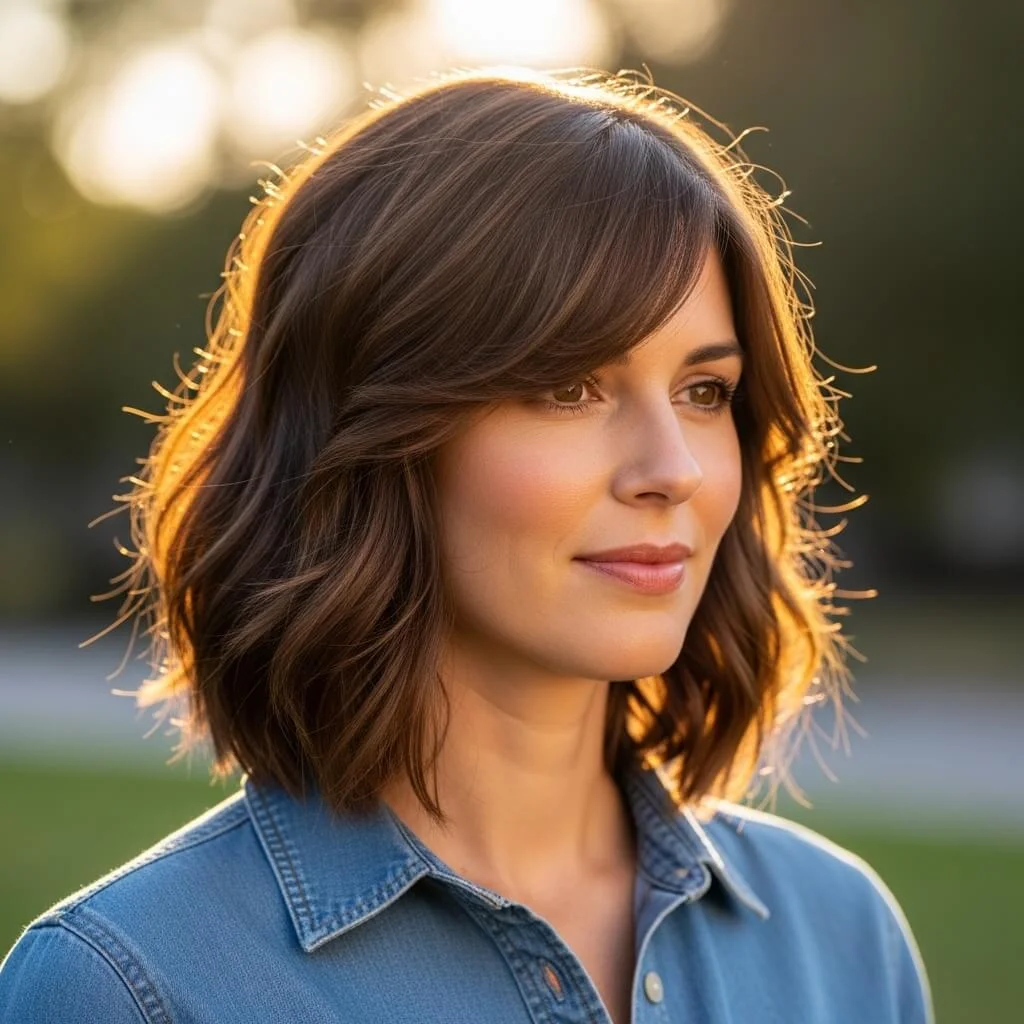 27. Layered Wavy Bob with Side Curtain Bangs