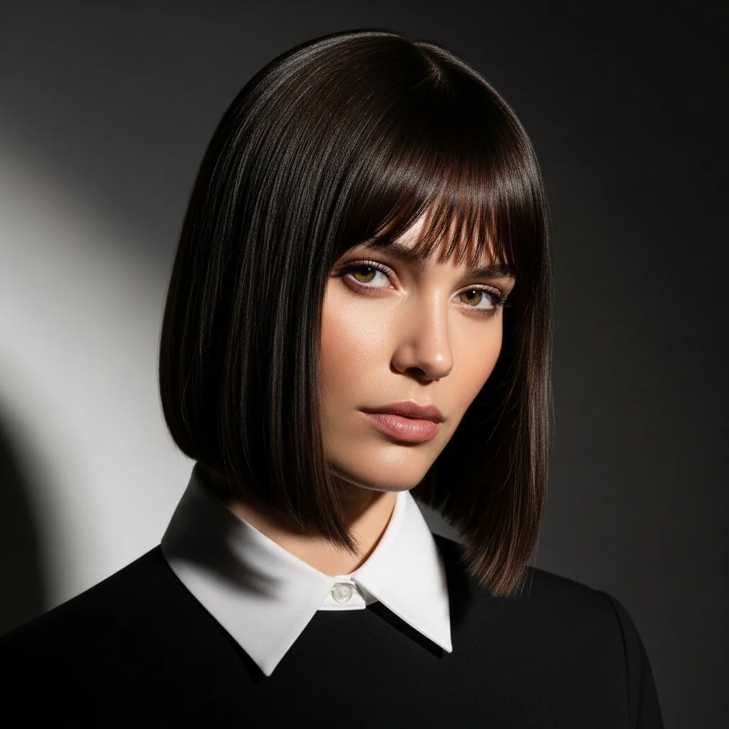 28. Sleek Angled Bob with Center Curtain Bangs