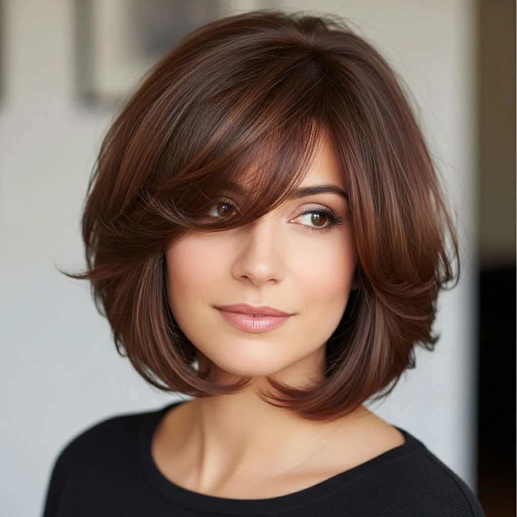 3. Layered Bob with Side Curtain Bangs