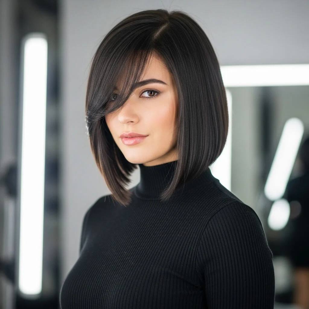4. Sleek Angled Bob with Wispy Bangs