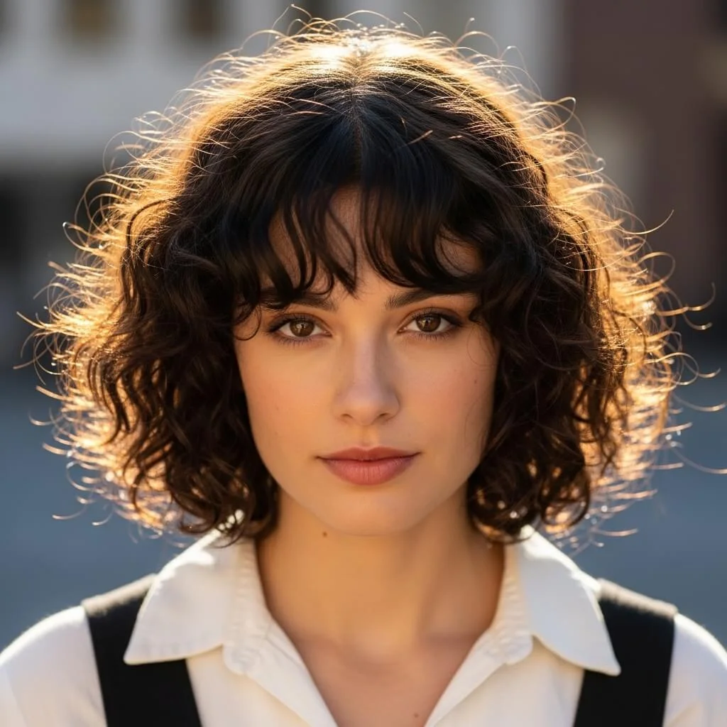 5. Curly Bob with Curtain Bangs