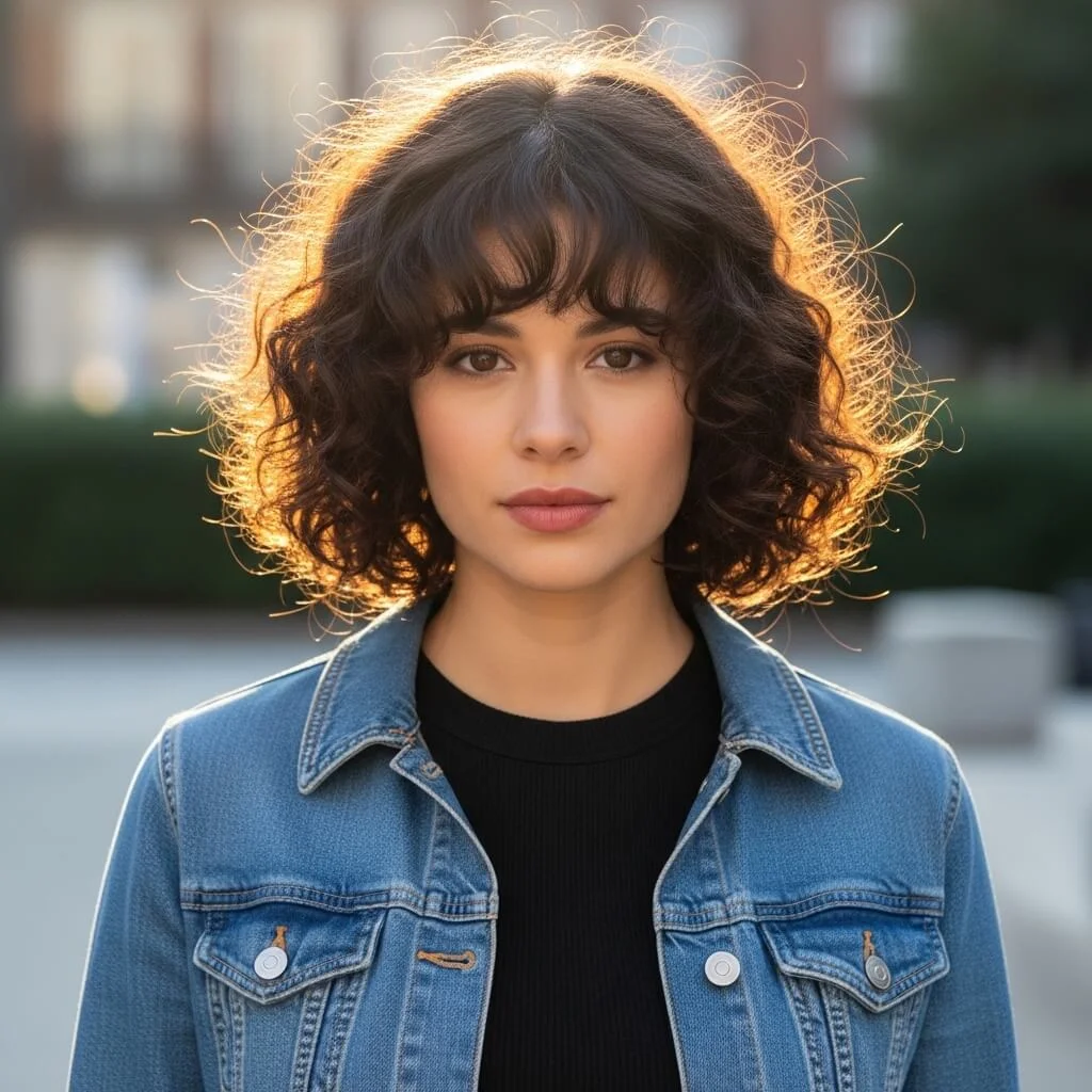 5. Curly Bob with Side-Swept Bangs