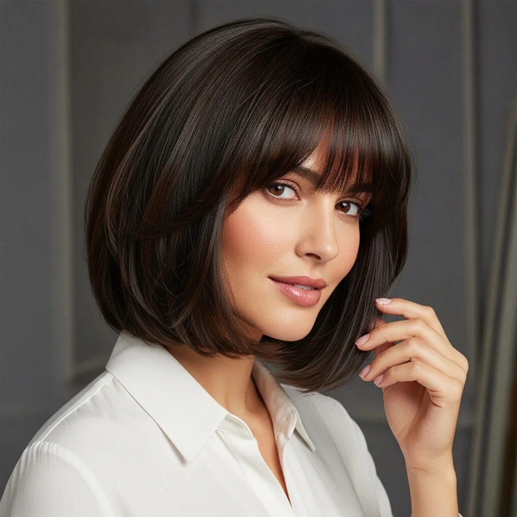 6. Layered Bob with Straight Bangs