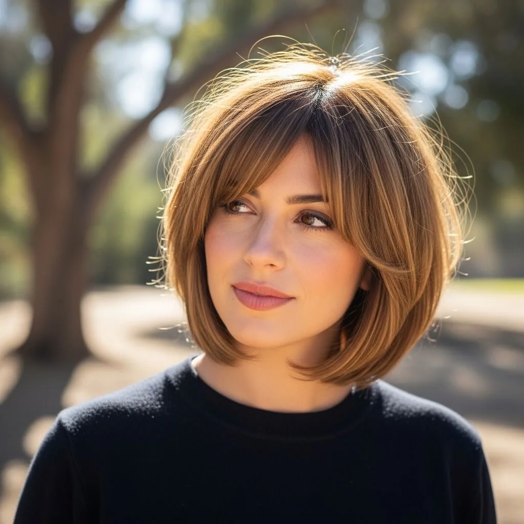 7. Layered Shoulder-Length Bob with Side-Swept Bangs