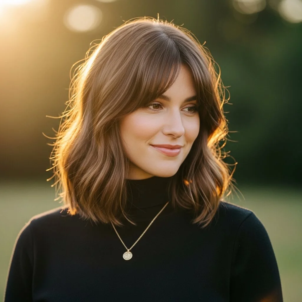 7. Layered Wavy Bob with Curtain Bangs