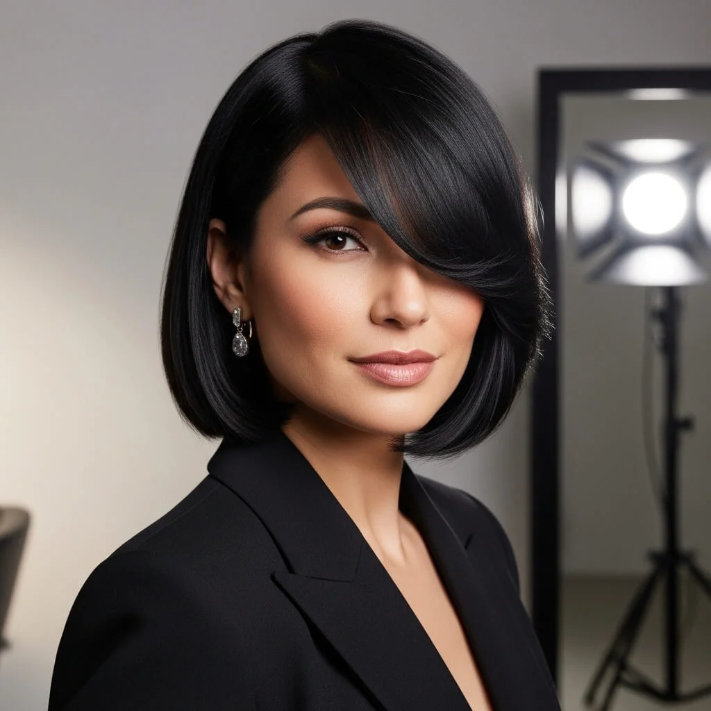 8. Sleek Bob with Side Curtain Bangs