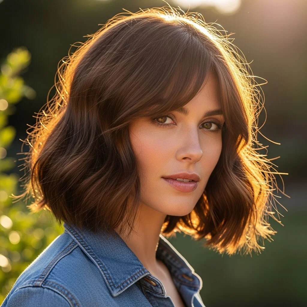 8. Wavy Chin-Length Bob with Side-Swept Bangs
