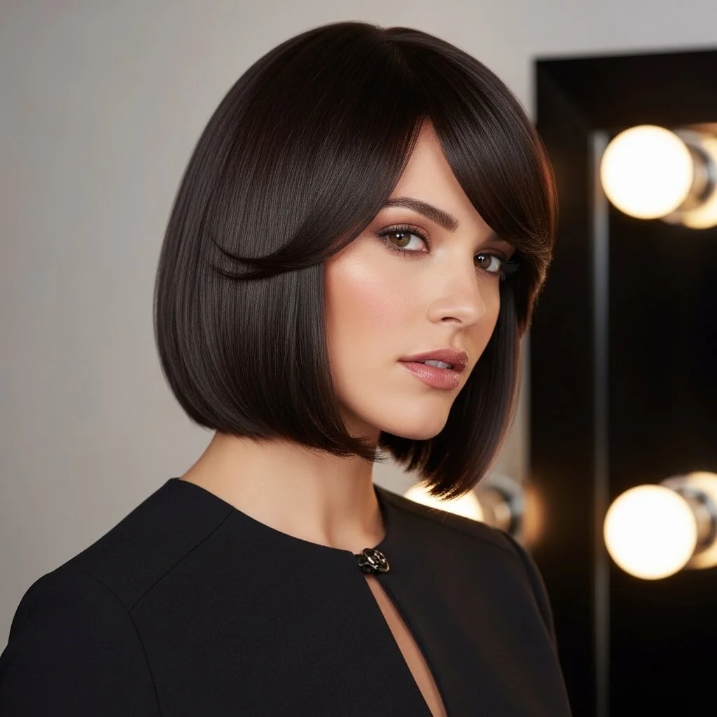 9. Sleek Shoulder-Length Bob with Side-Swept Bangs
