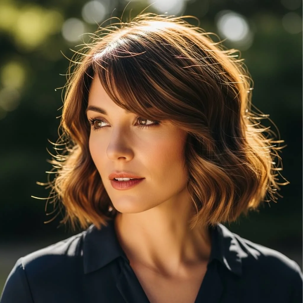 9. Wavy Bob with Side-Swept Bangs
