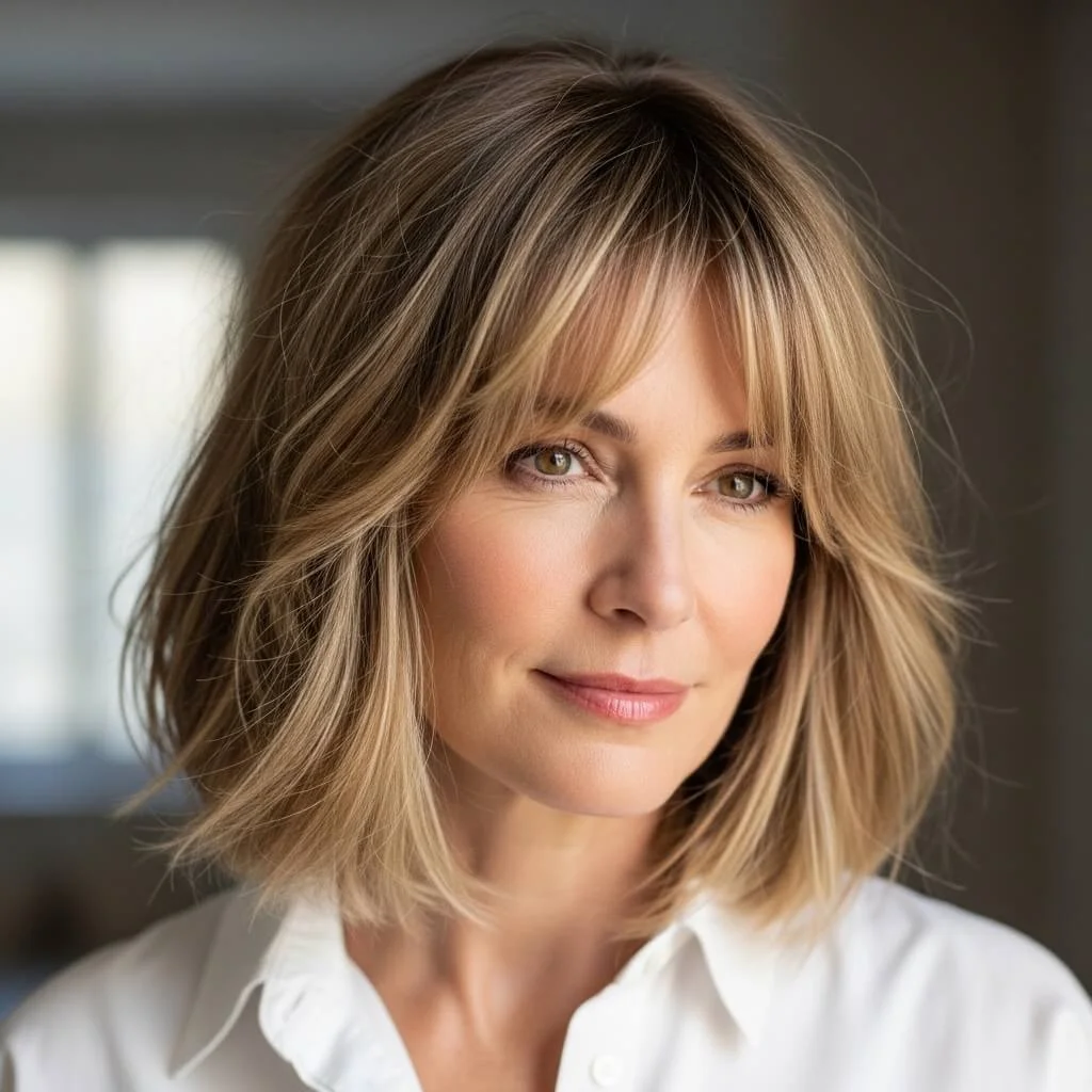 3. Lightly Textured Bob with Bangs